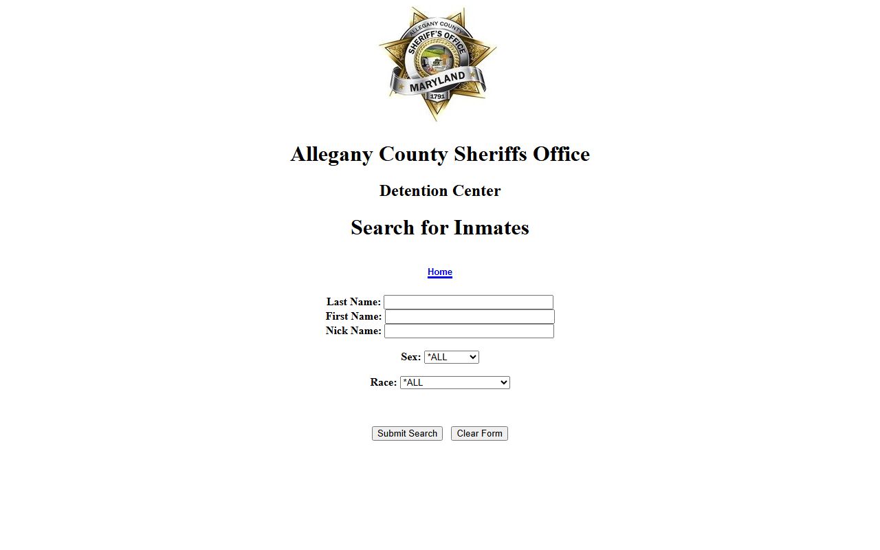 Allegany County inmate roster search form