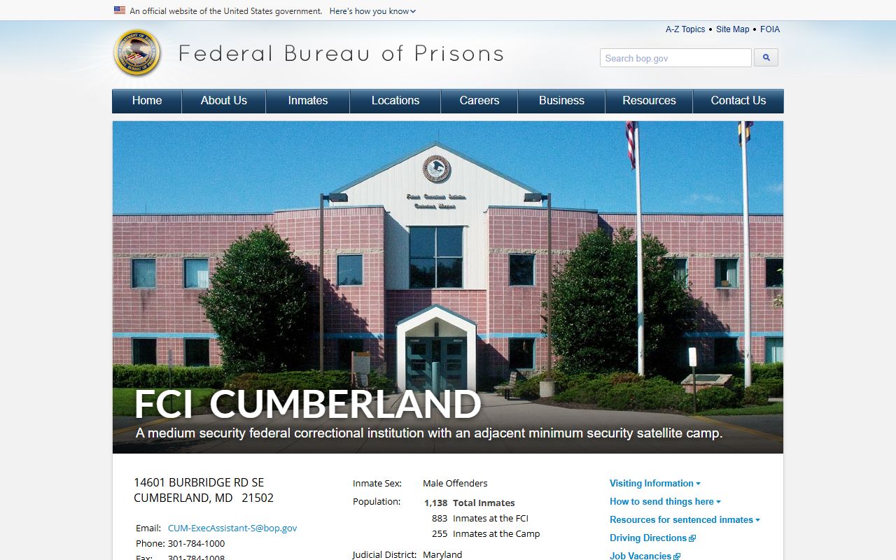 FCI Cumberland federal inmate search facility page