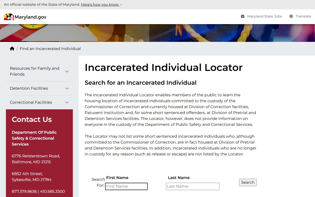 Maryland DPSCS locator for Allegany County state inmate records