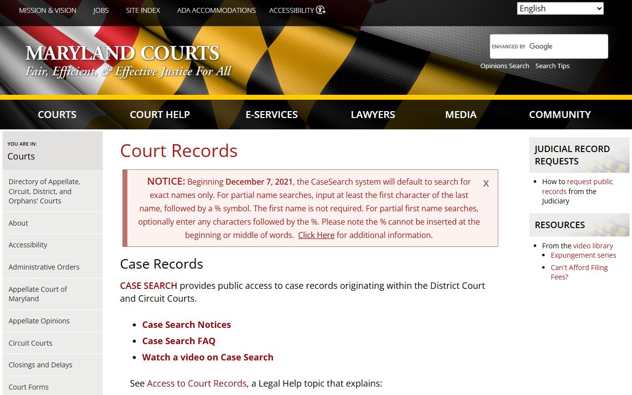 Maryland Judiciary court records information for Allegany County arrest cases