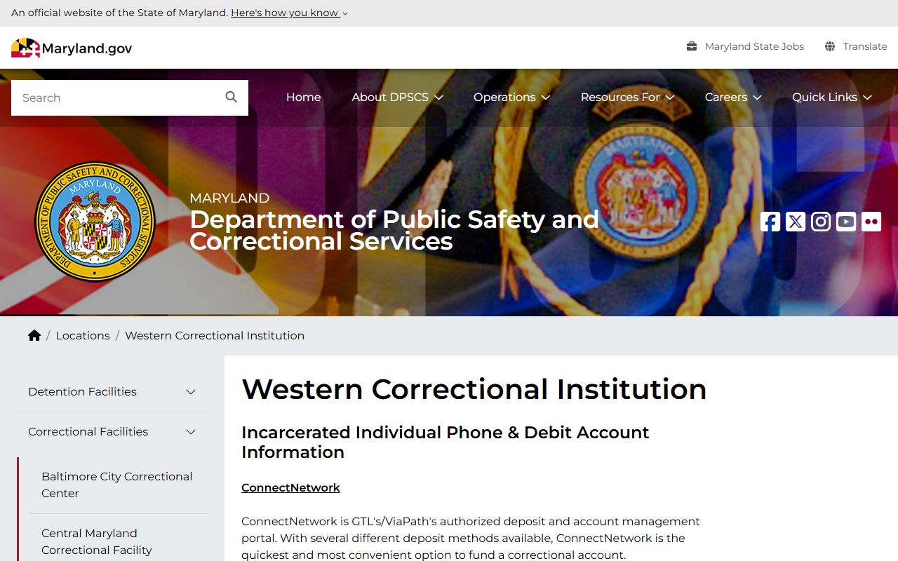 Western Correctional Institution inmate lookup and visitation page